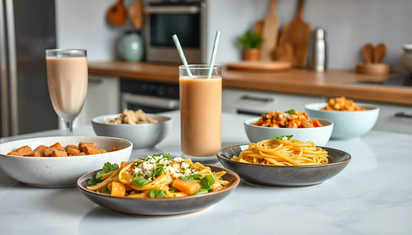 Realistische hochwertige Food-Szene mit mehreren proteinreichen Gerichten auf einem Tisch oder in ei