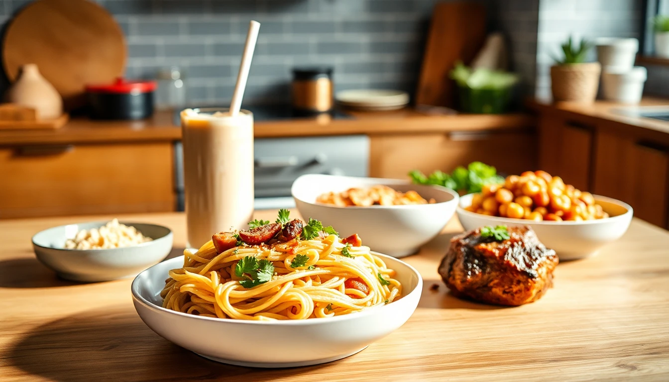 Realistische hochwertige Food-Szene mit mehreren proteinreichen Gerichten auf einem Tisch oder in ei