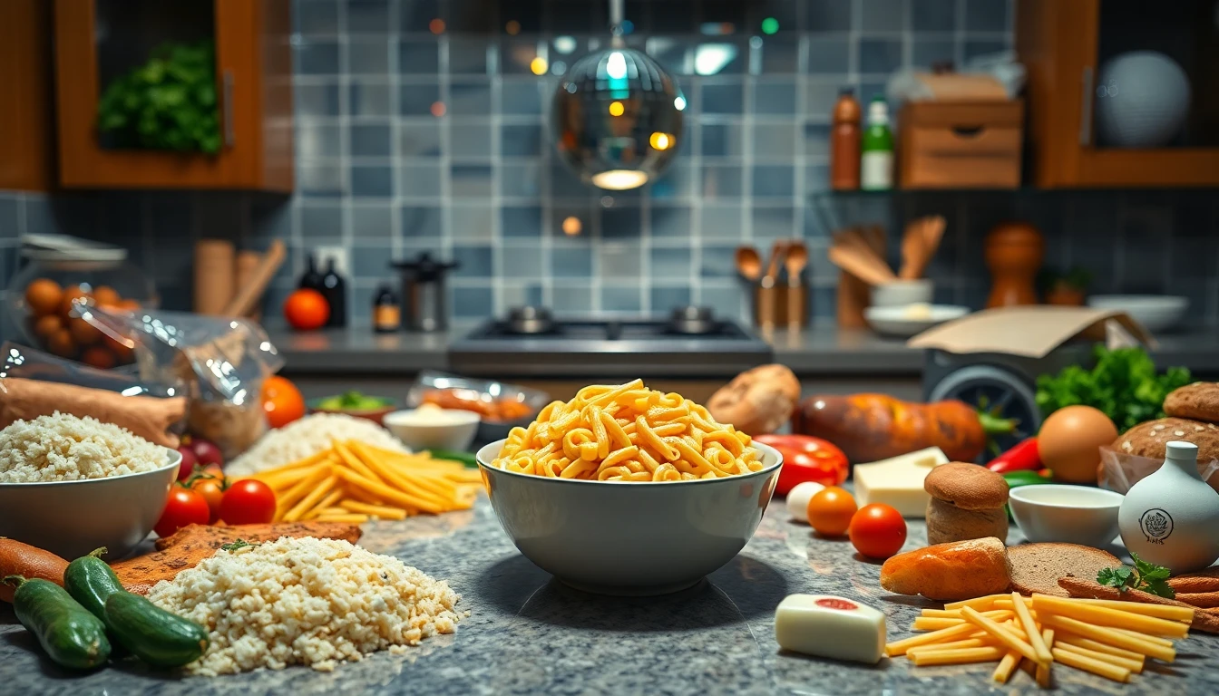A premium editorial kitchen scene showing many possible dinner ingredients spread across a counter: