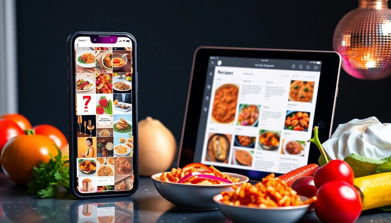 A modern editorial digital recipe scene showing a smartphone filled with abstract saved recipe thumb