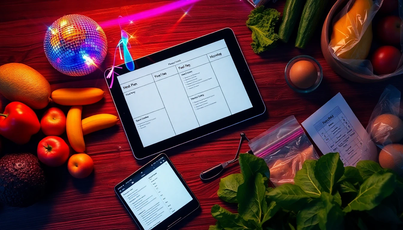 A premium editorial overhead scene showing a digital weekly meal plan on a tablet connected visually