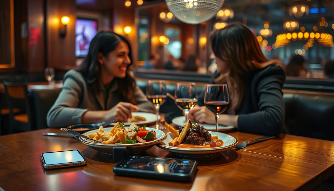 A warm premium editorial restaurant moment showing a shared meal after a quick AI scan. A smartphone