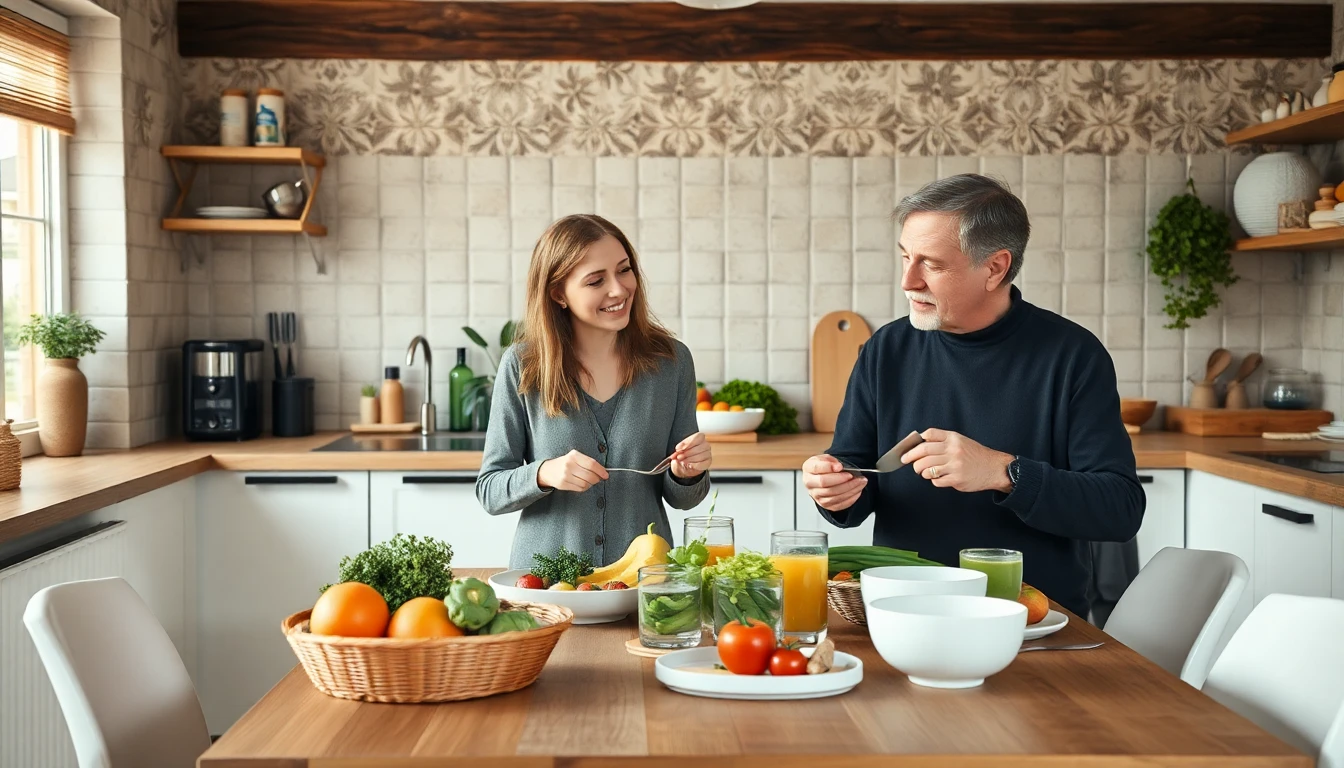 Realistische Alltagsszene mit zwei Personen in einer Küche oder am Esstisch, die gemeinsam Mahlzeite