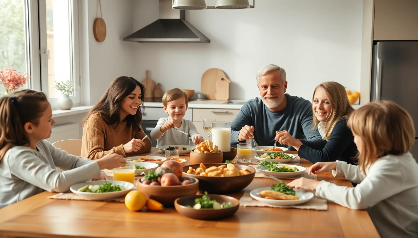 Realistische warme Szene am Esstisch oder in einer modernen Küche: Familie essen gemeinsam eine einf