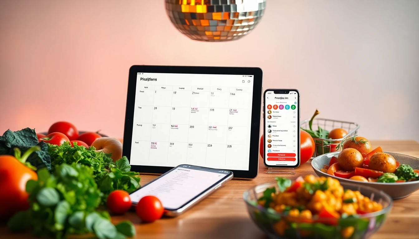 A clean, modern editorial scene showing a tablet with an abstract weekly meal plan visually flowing