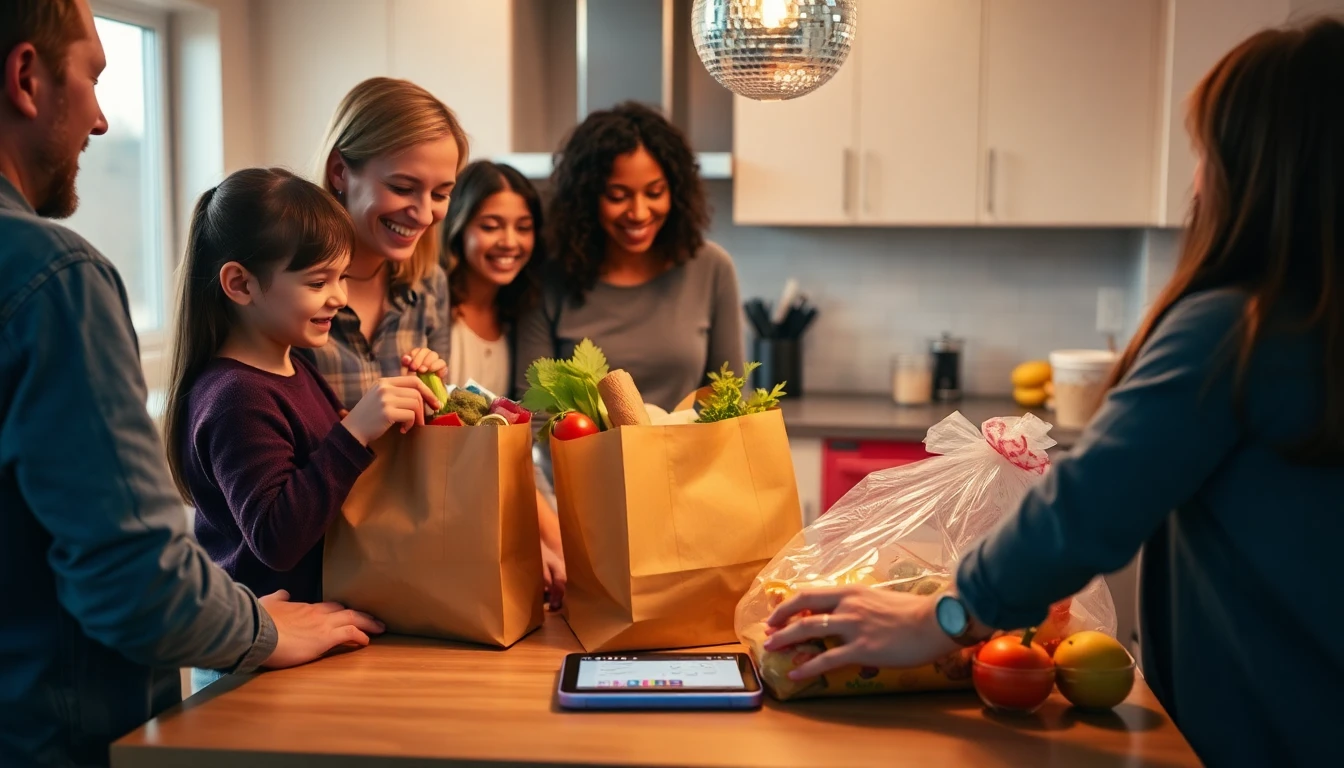 A warm candid family kitchen scene after grocery shopping, with several family members unpacking gro