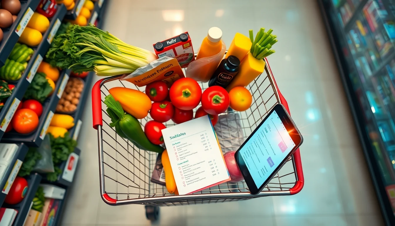A top-down premium editorial grocery shopping scene with a shopping cart filled with products groupe