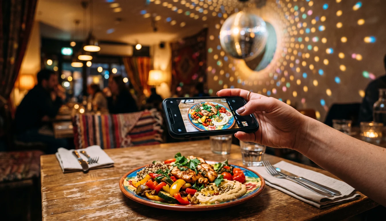 Hand fotografiert einen bunten Teller im Restaurant, an der Decke eine Discokugel