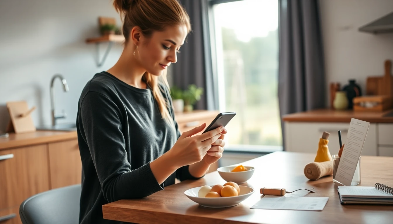 Person schaut in einer modernen Küche auf ein Smartphone neben einer Mahlzeit und Zutaten.