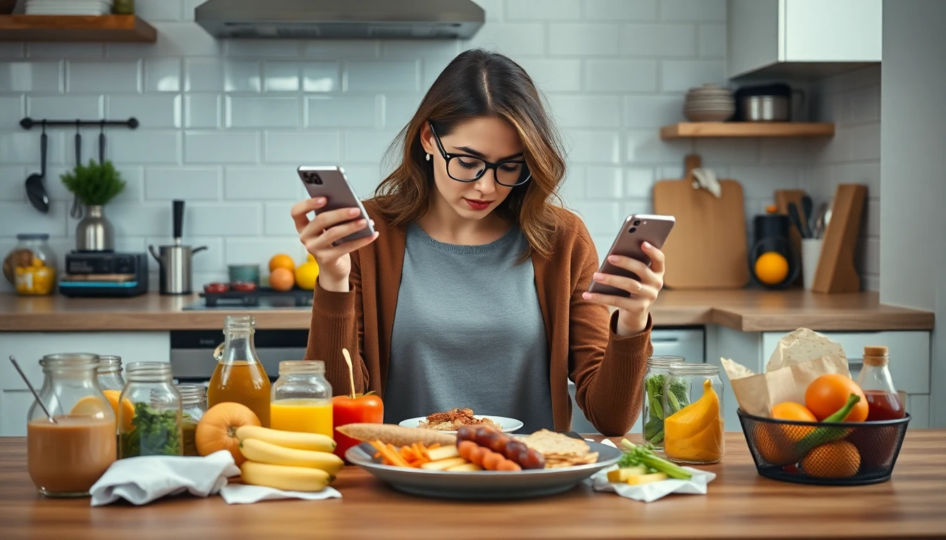 Realistische Lifestyle-Szene in einer modernen Küche: Eine Person sitzt zwischen Lebensmitteln, Smar