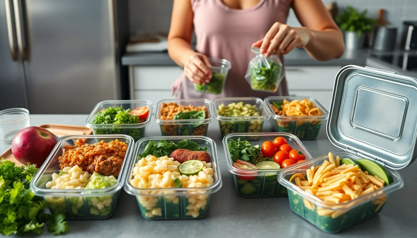 Realistische Alltagsszene in einer modernen Küche: Mehrere vorbereitete Meal-Prep-Boxen mit gesunden