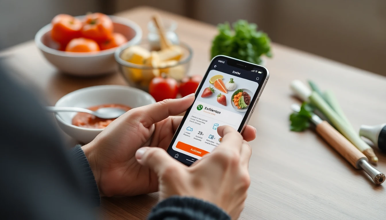 Realistische Szene mit Smartphone, auf dem eine Ernährungs-App geöffnet ist, daneben eine einfache M