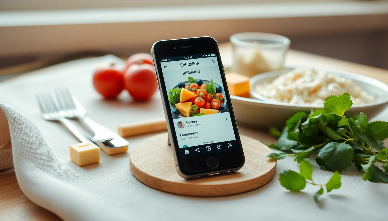 Realistische Szene mit Smartphone, auf dem eine Ernährungs-App geöffnet ist, daneben eine einfache M