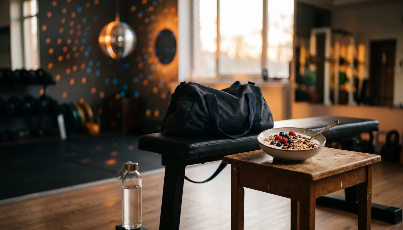 Sporttasche auf einer Bank und eine Schüssel Skyr mit Beeren im Fitnessstudio, im Hintergrund eine Discokugel