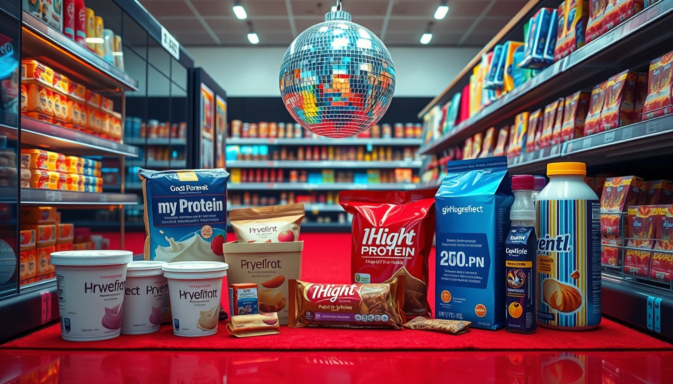 A witty premium editorial supermarket scene showing several modern high-protein foods such as yogurt