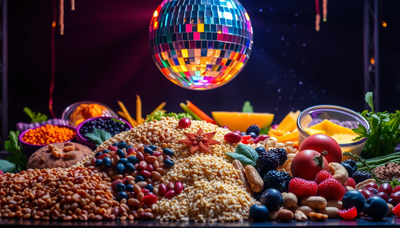 A playful editorial food scene designed like a stylish disco bar. In the foreground and sides are co