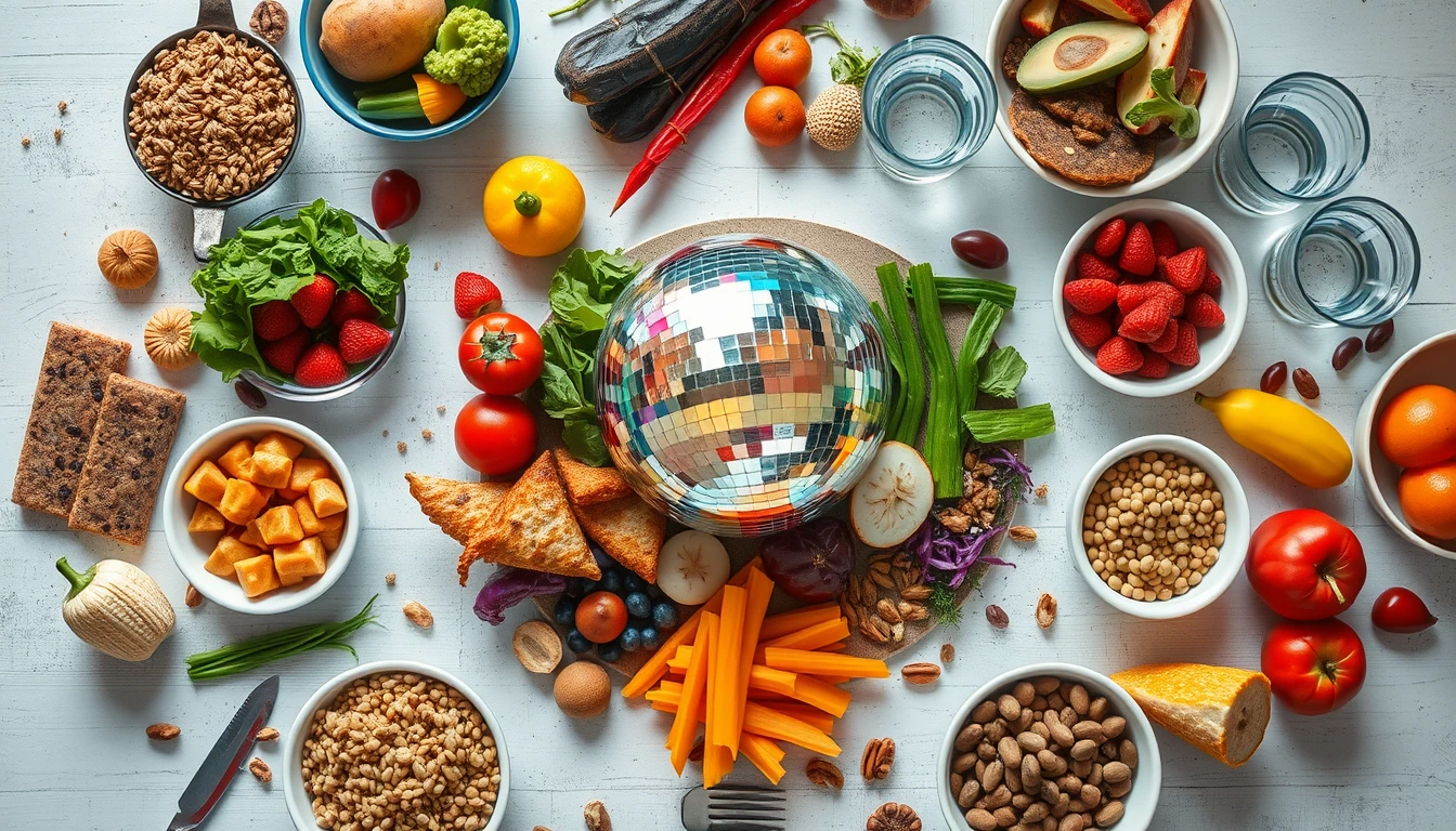 A premium overhead editorial nutrition scene showing a balanced meal in the center surrounded by vis
