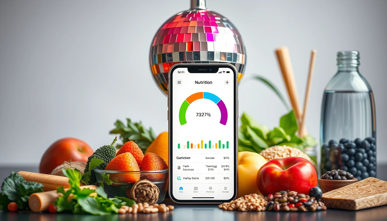 A premium modern lifestyle scene showing a smartphone with a clean abstract nutrition dashboard and 