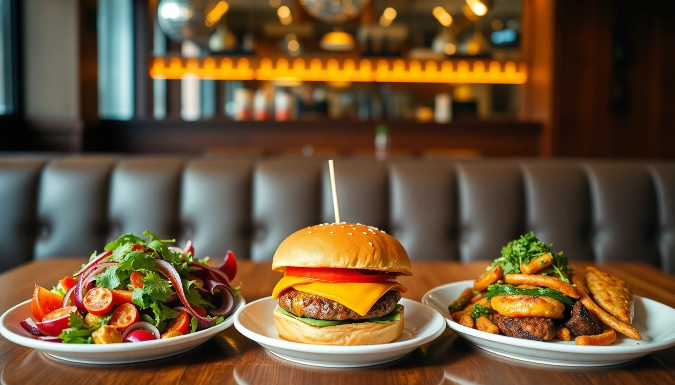 A playful editorial restaurant table showing a rich salad, a burger and a colorful main dish side by