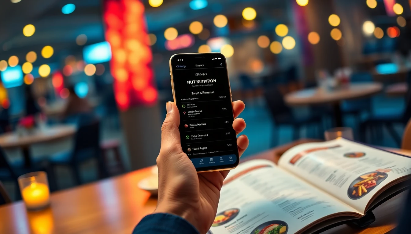 A modern restaurant scene with a person holding a smartphone above an open menu before ordering. The
