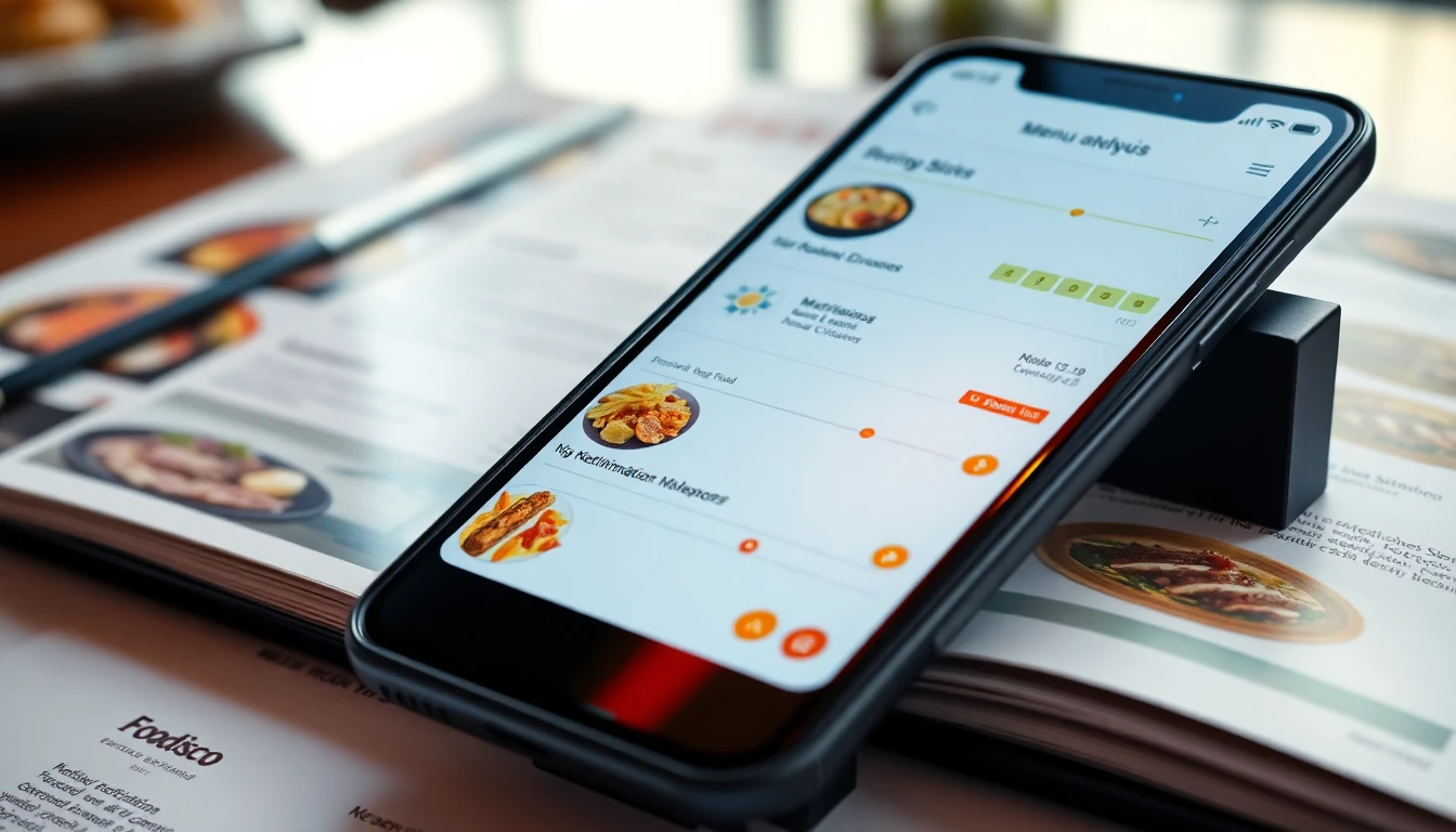 A premium smartphone close-up showing a clean abstract menu analysis interface with several restaura