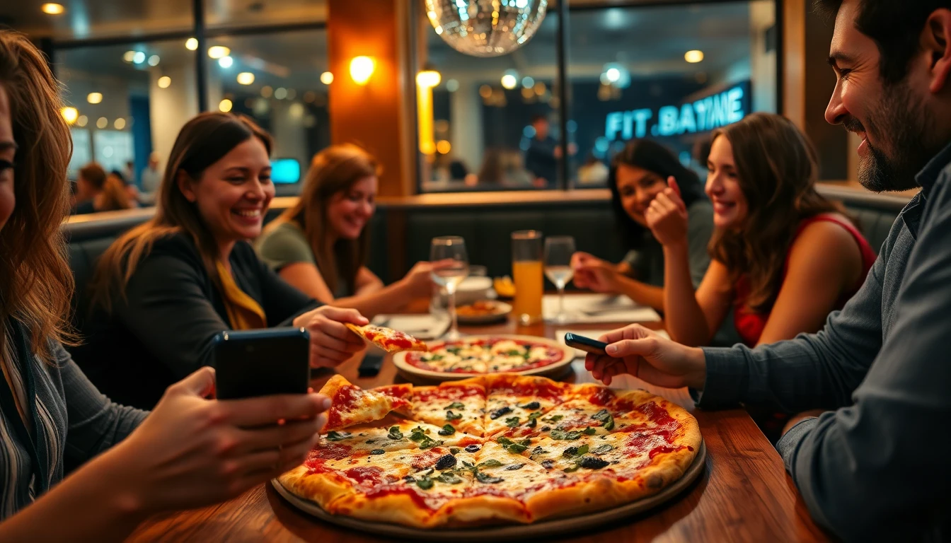 A joyful candid restaurant scene with a beautiful normal sized pizza being shared at the table, hand
