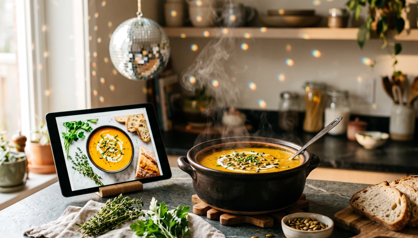 Dampfende Kürbissuppe und ein Tablet mit Rezept in der Küche, darüber eine Discokugel