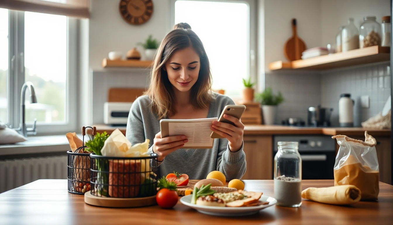 Person sitzt in einer Küche mit Lebensmitteln, Handy und Einkaufsliste und plant eine Mahlzeit im Alltag.