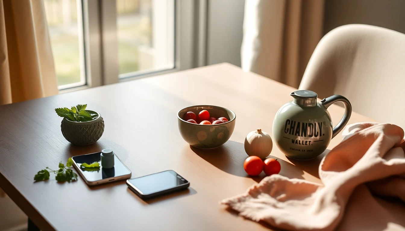 Realistische, ruhige Lifestyle-Szene mit einfacher gesunder Mahlzeit, Smartphone und wenigen Zutaten