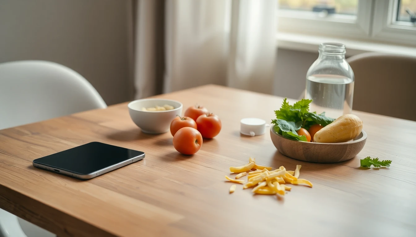 Realistische Szene mit einfacher gesunder Mahlzeit, Smartphone und wenigen Zutaten auf einem Tisch.