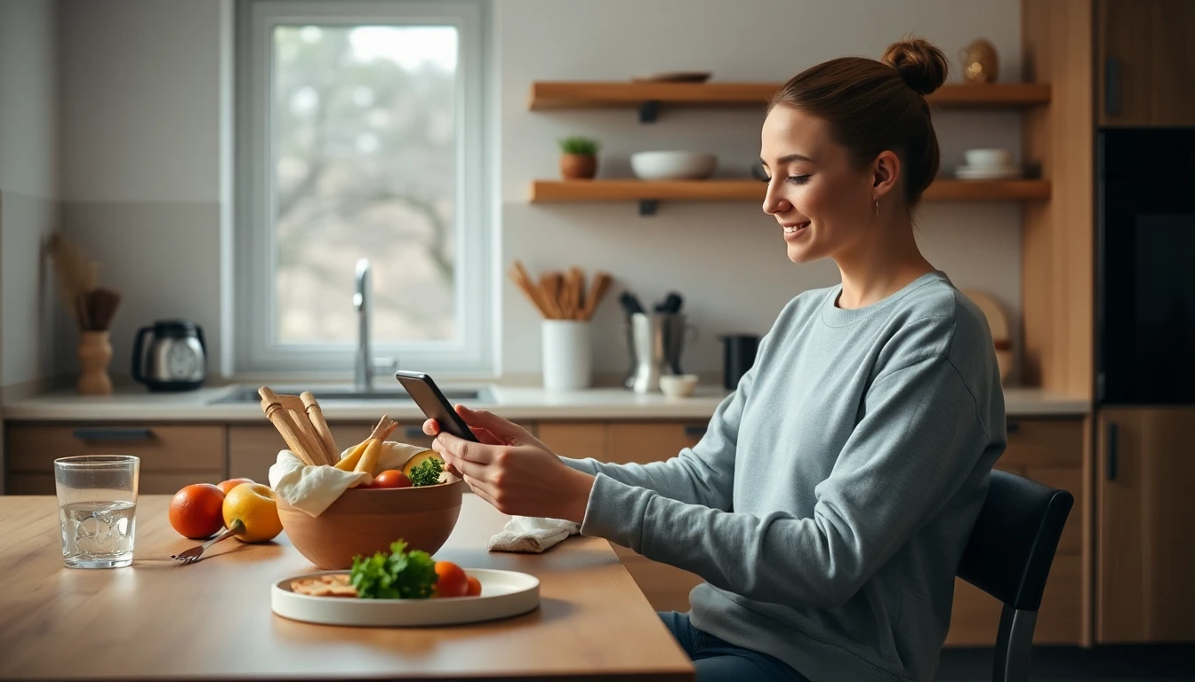 Person sitzt entspannt mit Mahlzeit und Smartphone in einer modernen Küche.