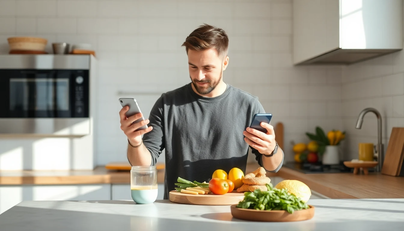 Realistische Lifestyle-Szene in einer hellen Küche: Ein Mann bereitet eine einfache gesunde Mahlzeit
