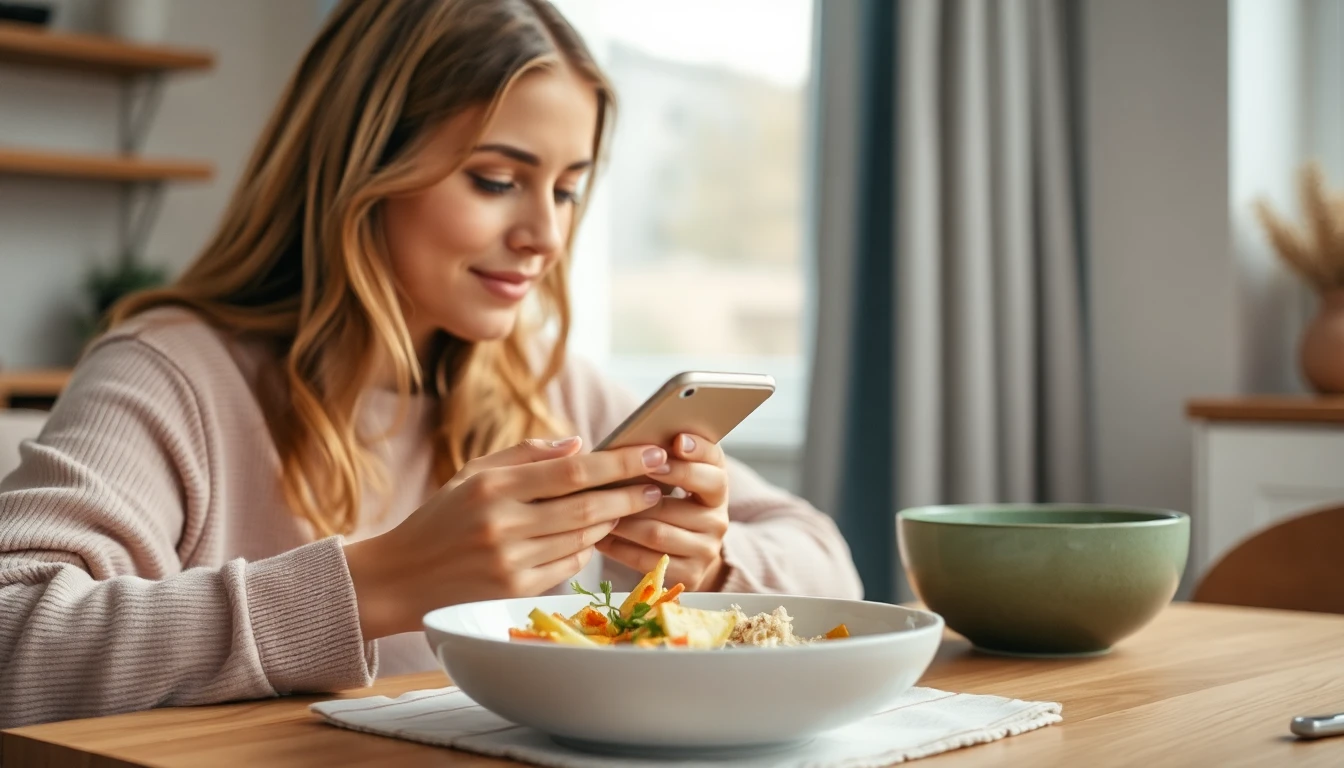 Realistische Alltagsszene mit einer Person, die eine einfache Mahlzeit betrachtet oder mit dem Smart