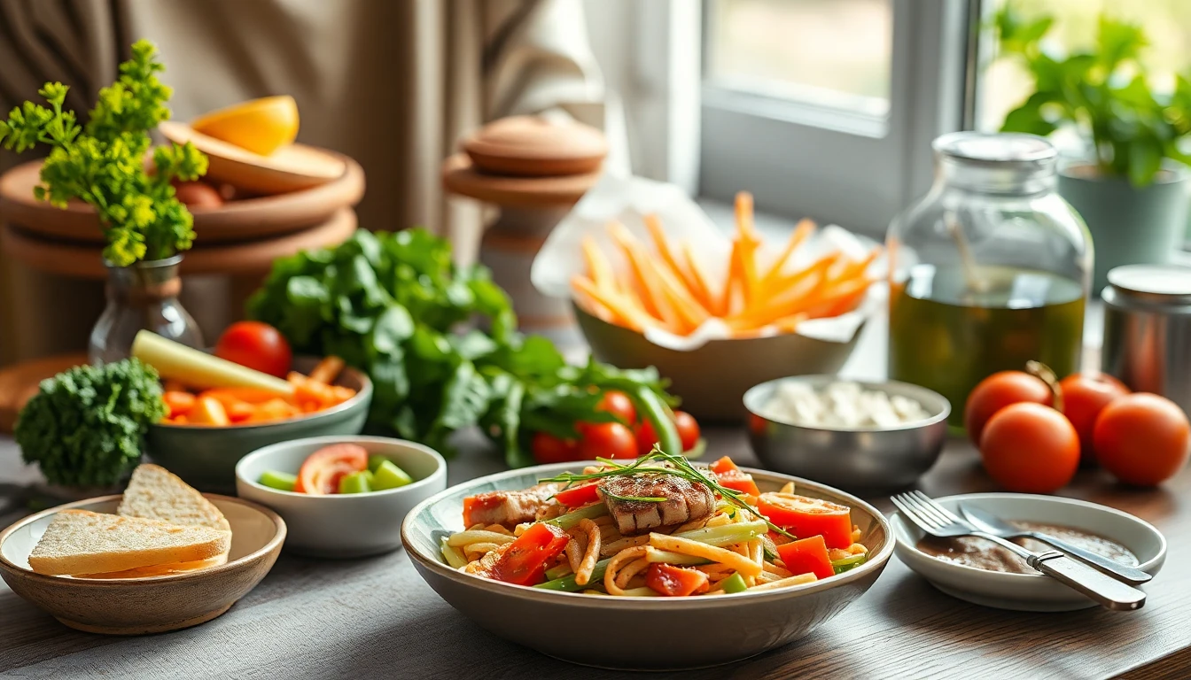 Realistische Nahaufnahme einer Mahlzeit mit verschiedenen Komponenten wie Eiweiß, Gemüse, Kohlenhydr