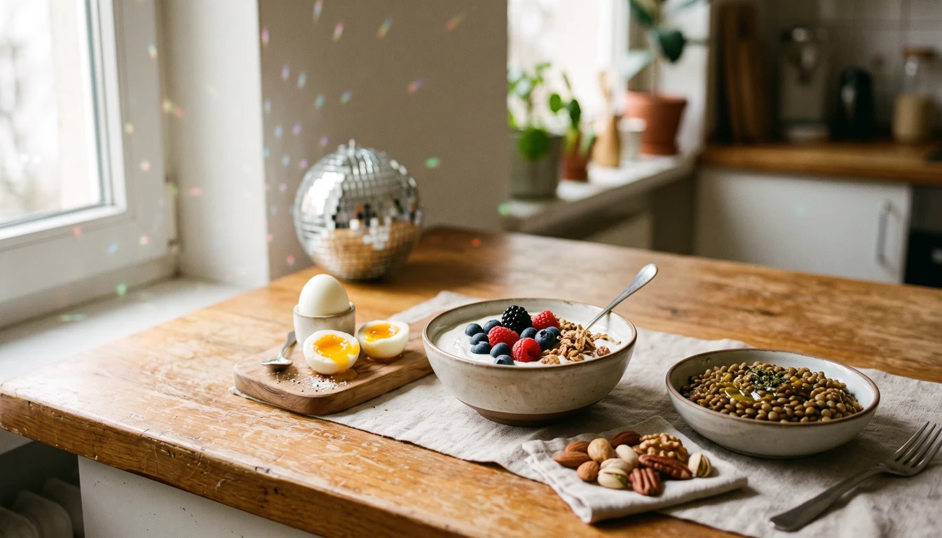 Küchentisch mit Skyr, Beeren, gekochten Eiern, Linsen und Nüssen, daneben eine Discokugel