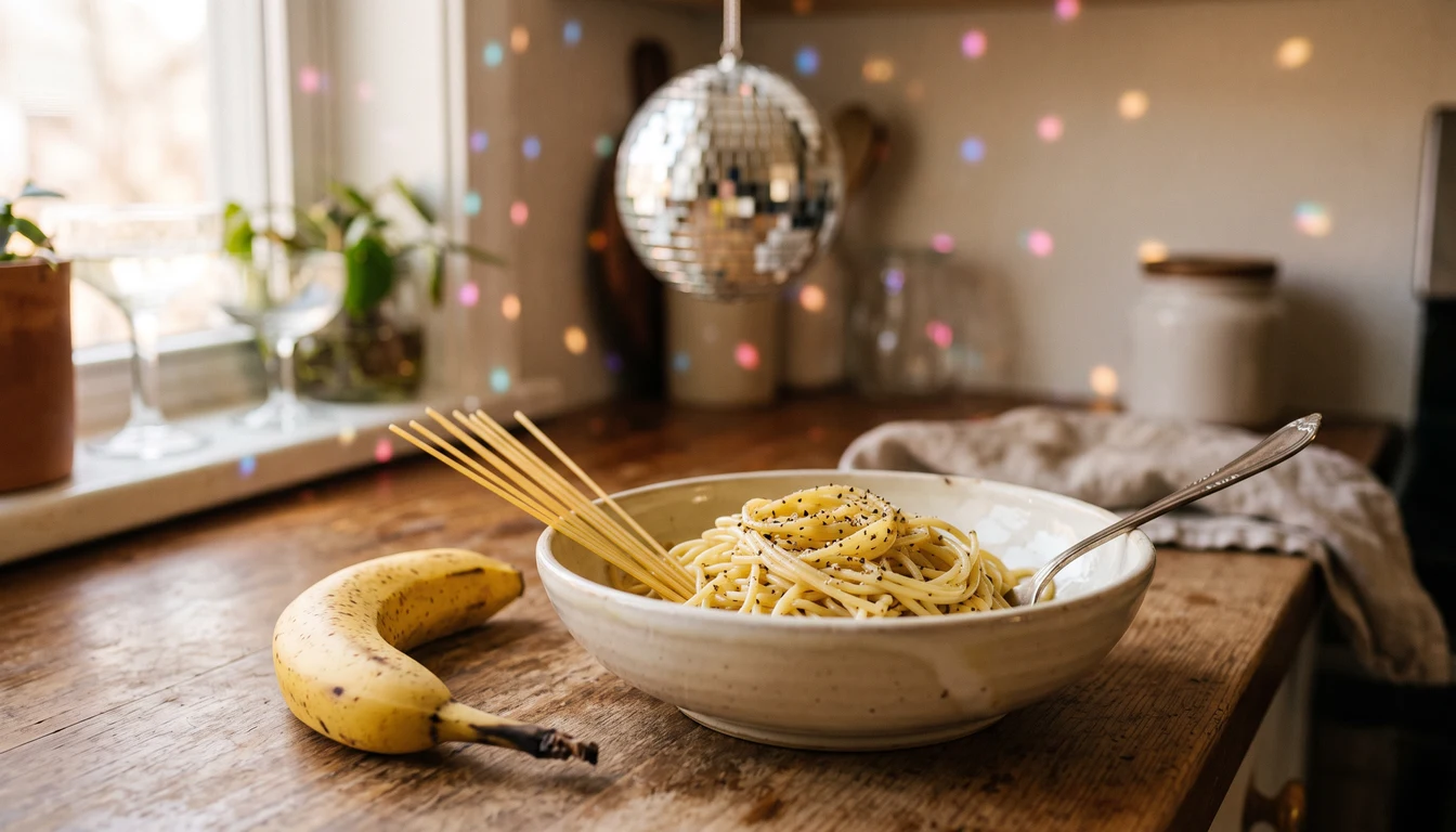 Banane und eine Schüssel Spaghetti auf einem Küchentisch, im Hintergrund eine Discokugel