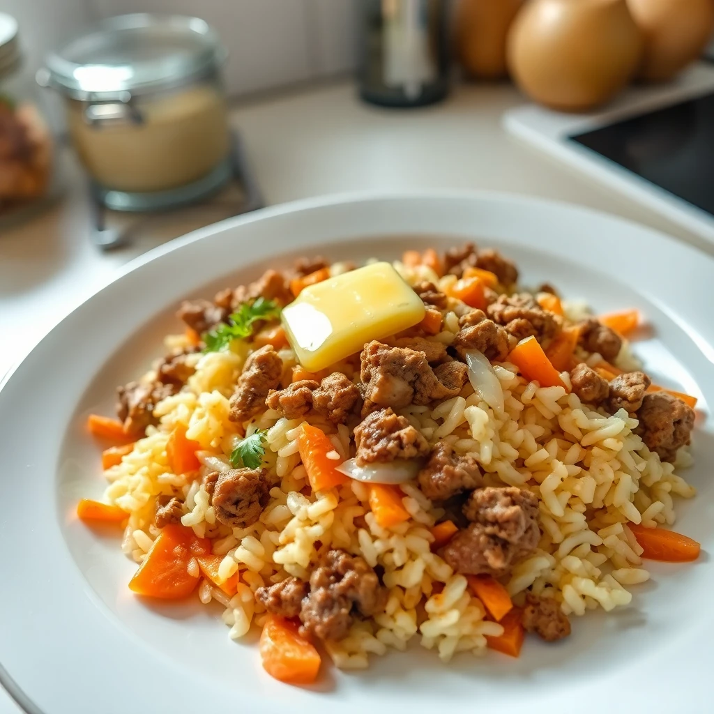 Legumes de Cenoura com Arroz e Carne Moída