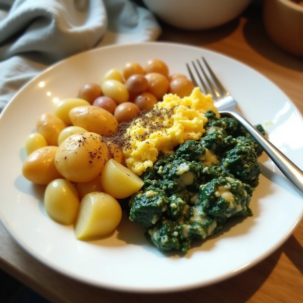 Rahmspinat mit Rührei und Salzkartoffeln