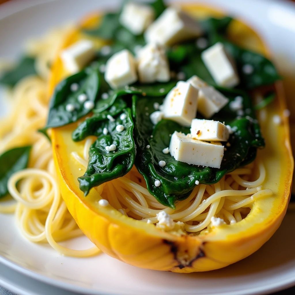 Spaghettikürbis mit Spinat und Feta