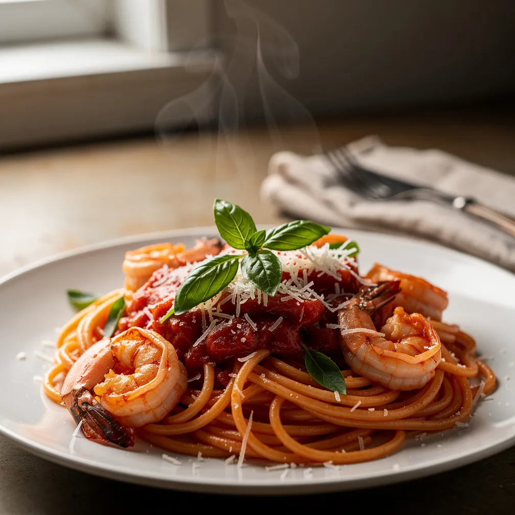 Spaghetti mit Garnelen und Tomatensauce