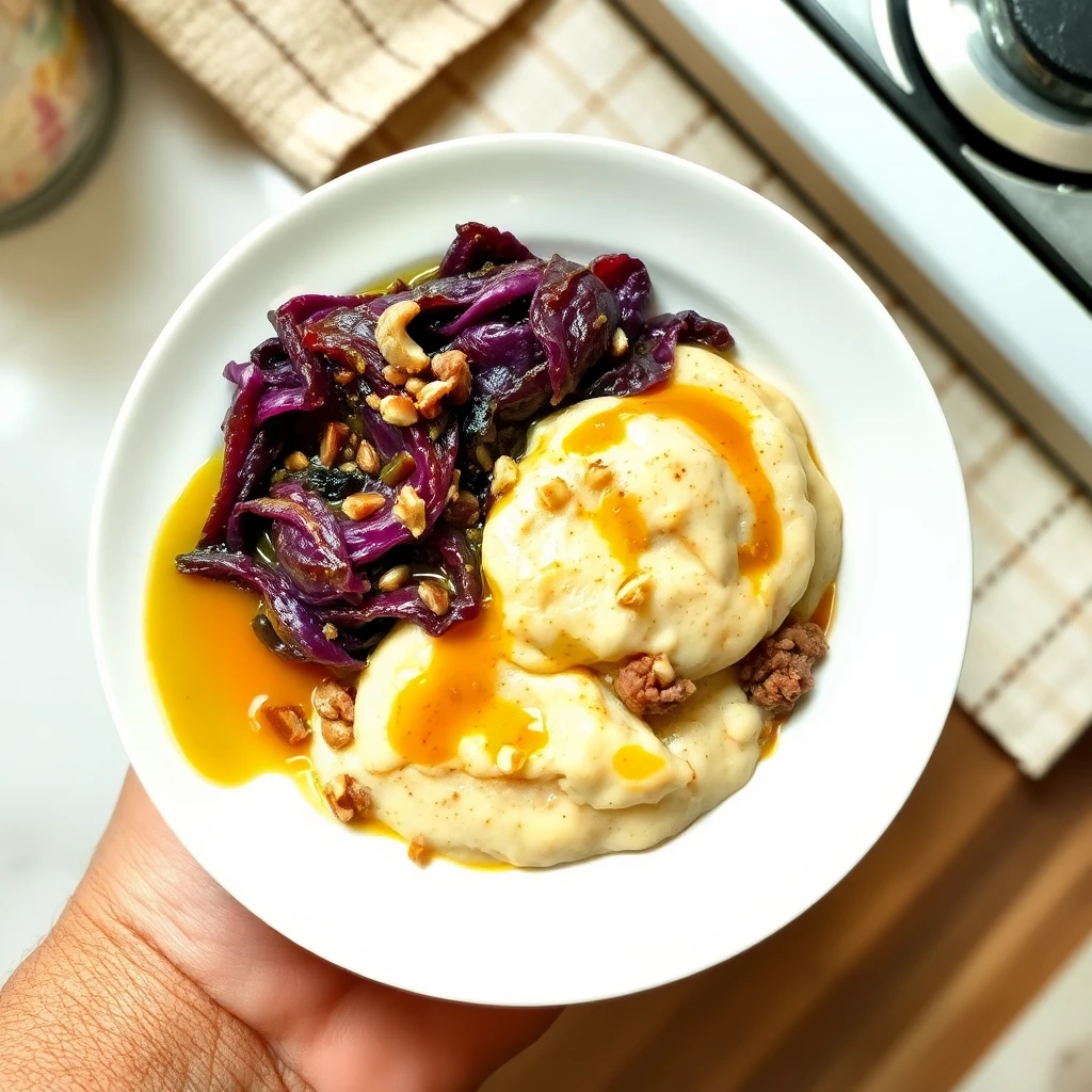 Rotkohlauflauf mit Rinderhackfleisch und Kartoffelpüree