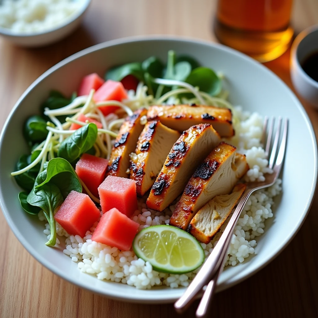Wassermelonen-Reis-Salat mit Hähnchen