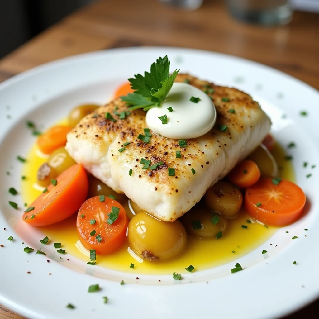 Seelachsfilet mit Karottengemüse und Senfsauce