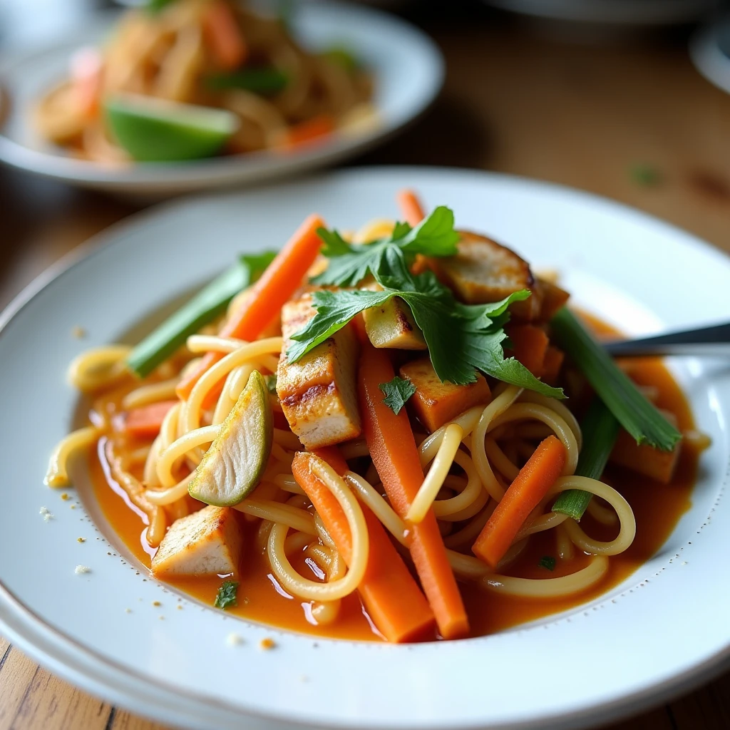 Glasnudel Pad Thai mit Hähnchen und Kokosmilch aus dem Airfryer
