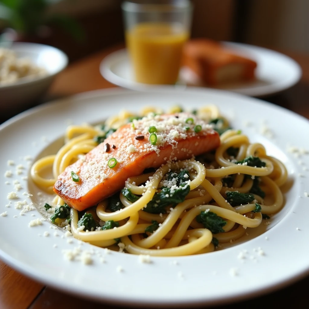 Lachs-Linsen-Pasta mit Spinat und Erbsen