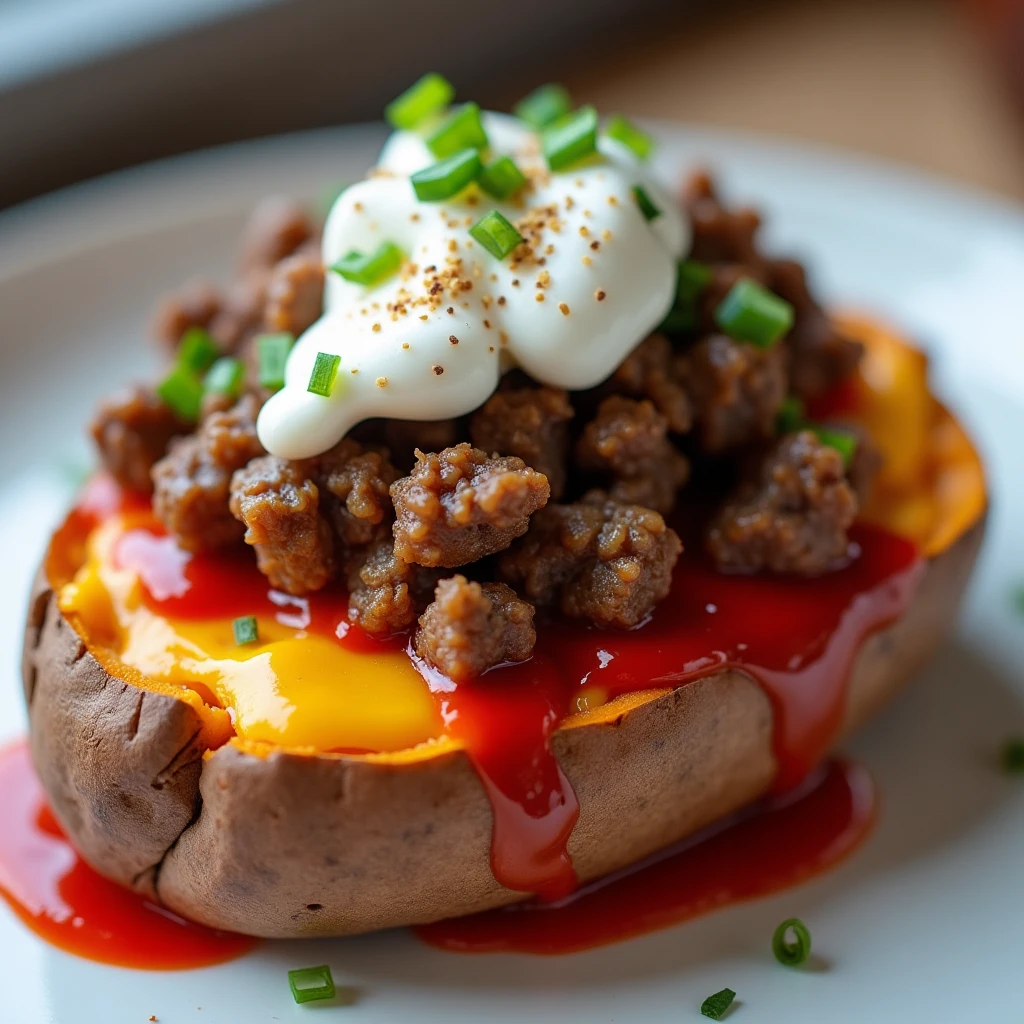 High-Protein Ofen-Süßkartoffel im Cheeseburger Style
