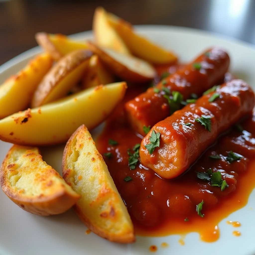 Proteinreiche Pommes Currywurst