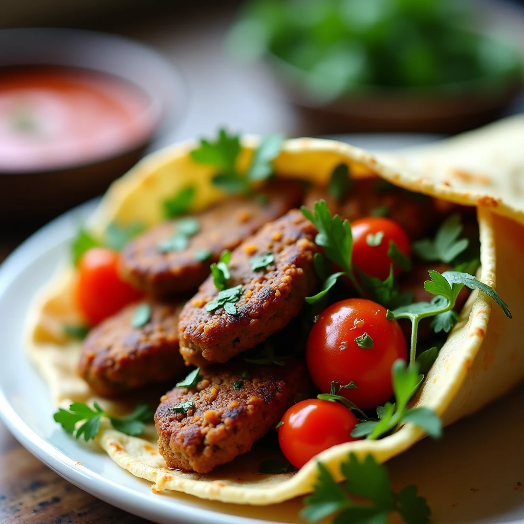 Kebab mit Tofu-Koftas und Harissa-Tahini