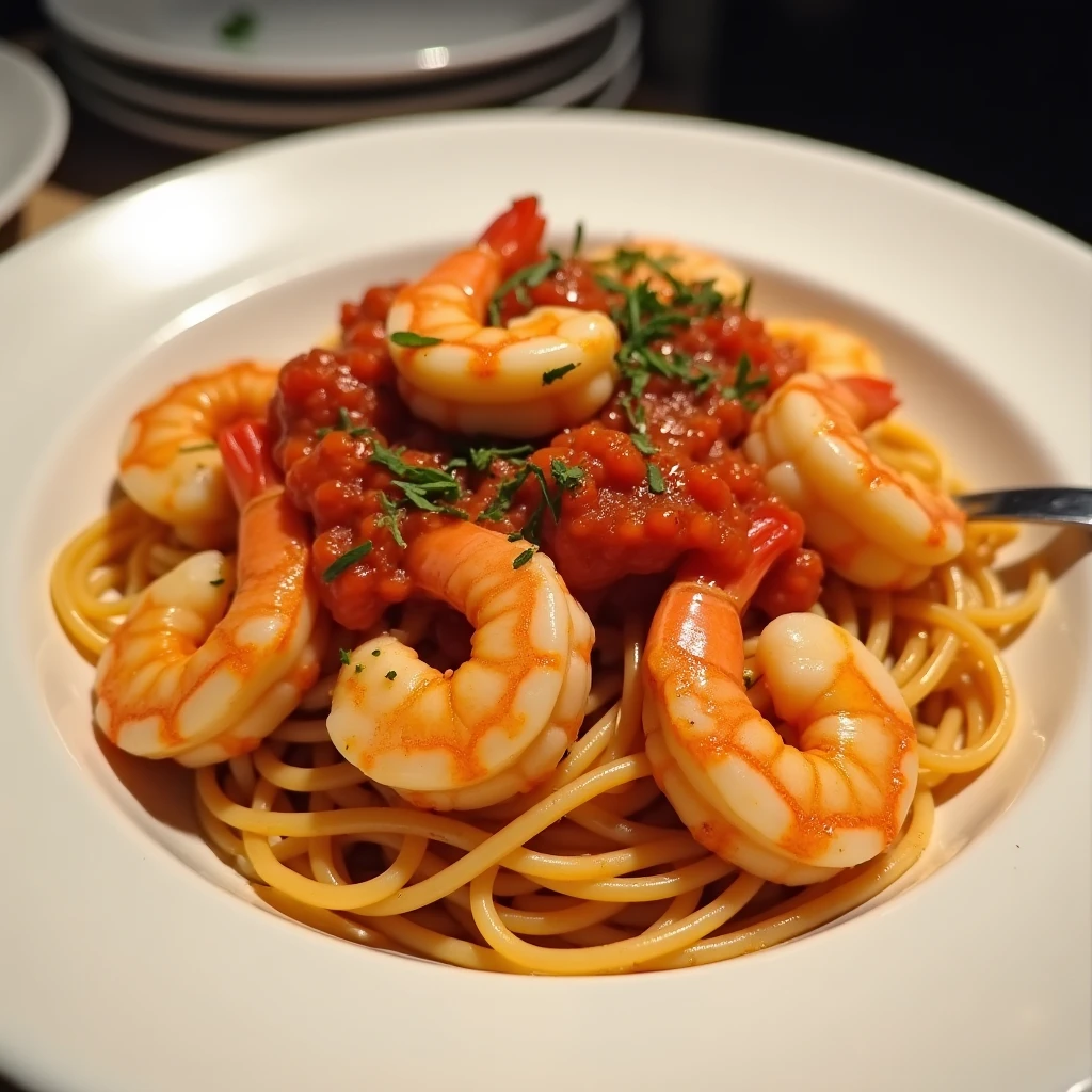 Spaghetti mit Garnelen und Tomatensauce