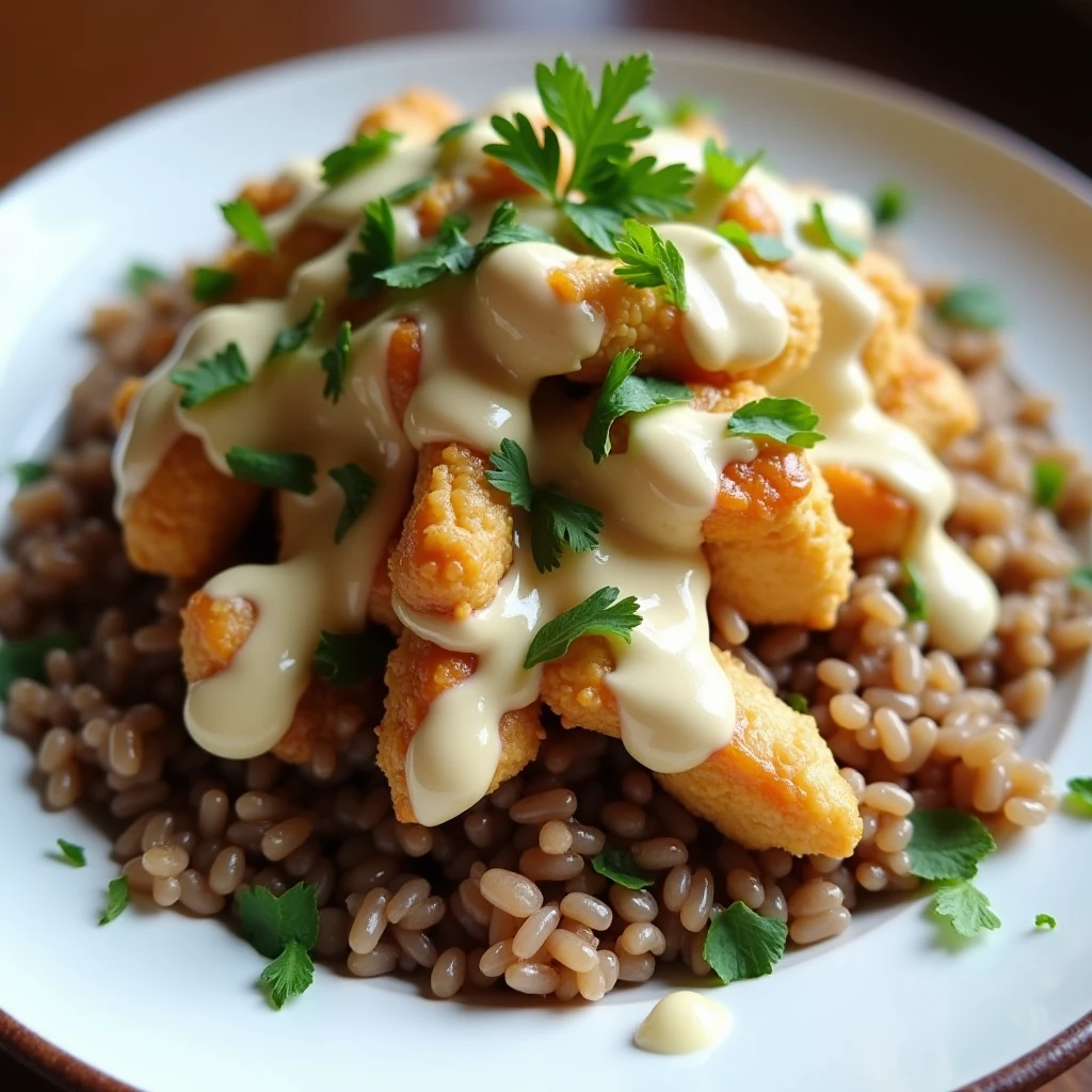 Crispy Rice Salat mit Hähnchen und cremigem Dressing